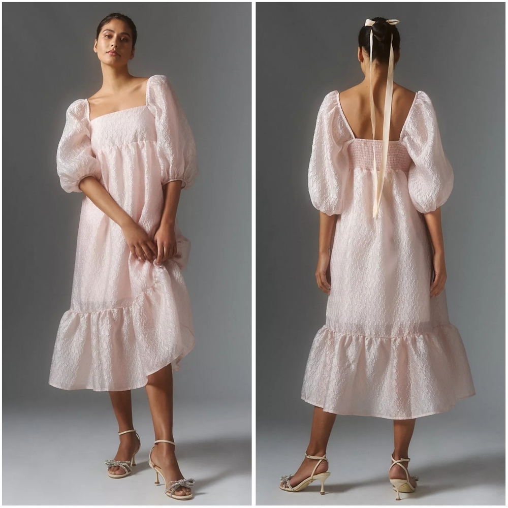 Anthropologie Textured Puff Sleeve Pink Midi Dress Medium NWT New